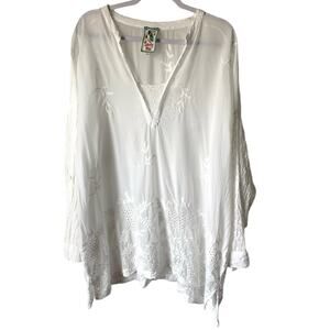 Johnny Was White Embroidered Cupra Rayon Blouse Long Sleeve, size 1X
